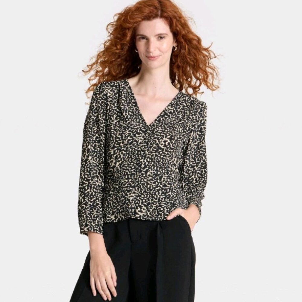 NWT Women's Long Sleeve Button-Front Top - A New Day Leopard Print XS